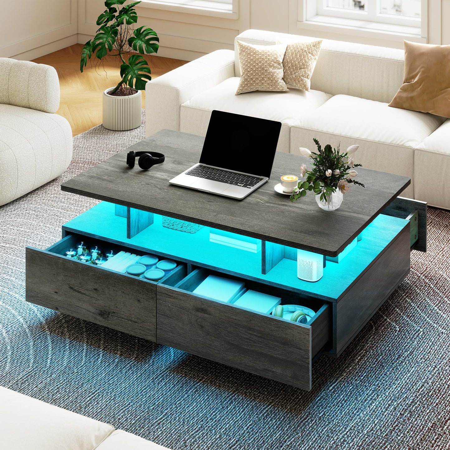 DWVO LED Coffee Table with Storage 4 Drawers, Modern High Glossy Coffee Tables for Living Room, Rectangle Coffee Table Small Center Table with Open Display Shelf & Sliding Drawers, Grey