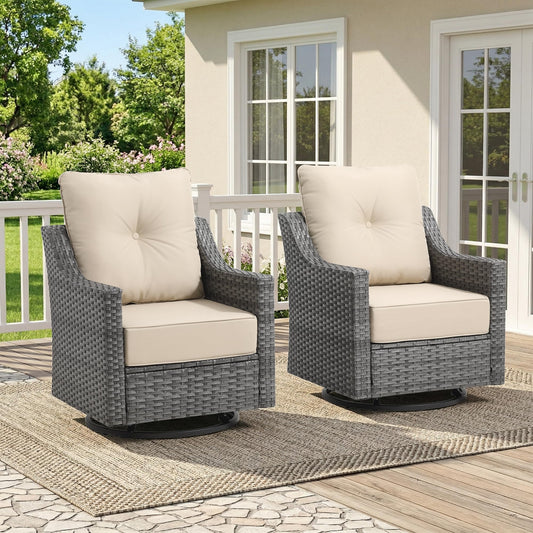 Domvaranique 2 Piece Patio Furniture Set, Outdoor Swivel Rocker Chairs Set of 2, Grey Wicker Conversation Chairs with 6-Inch Thick Cushions, High Back Seating, Beige Olefin Covers for Porch, Deck
